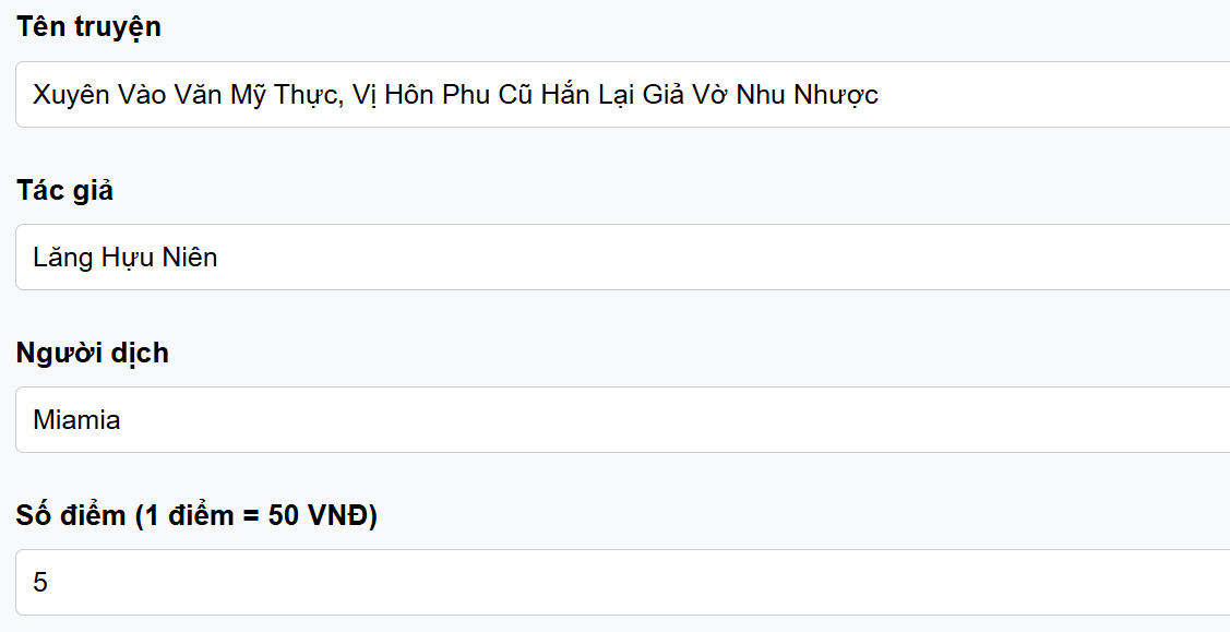 Form điền tên truyện, tác giả, người dịch, số điểm